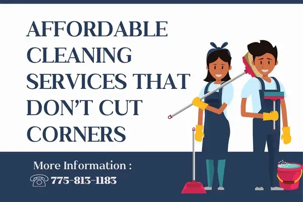 Affordable commercial cleaning services graphic with two uniformed cleaners holding mop and broom, contact number visible