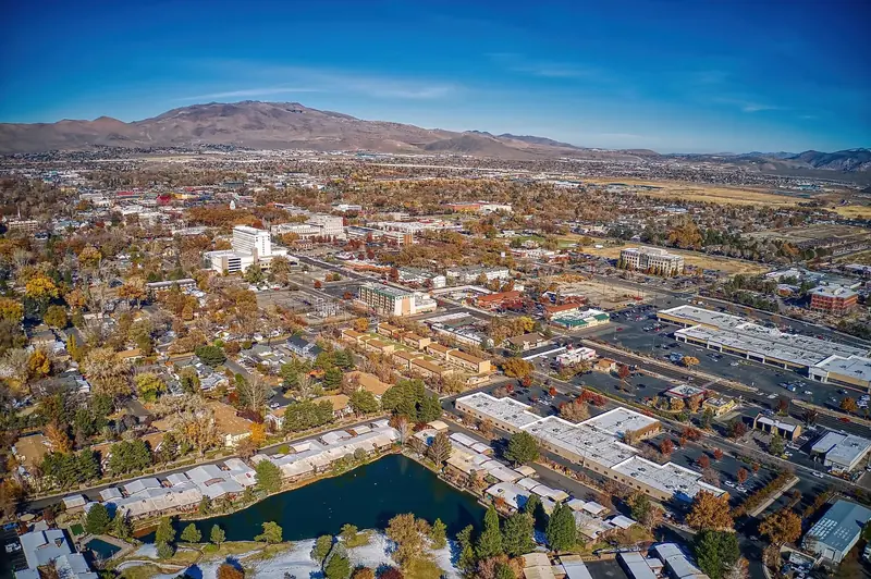 Aerial view of Carson City, Nevada, with downtown, neighborhoods and the surrounding foothills