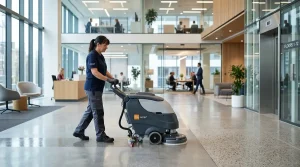 Janitorial staff using a floor scrubber in a contemporary office lobby for commercial cleaning and floor care