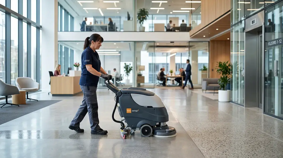 Janitorial staff using a floor scrubber in a contemporary office lobby for commercial cleaning and floor care