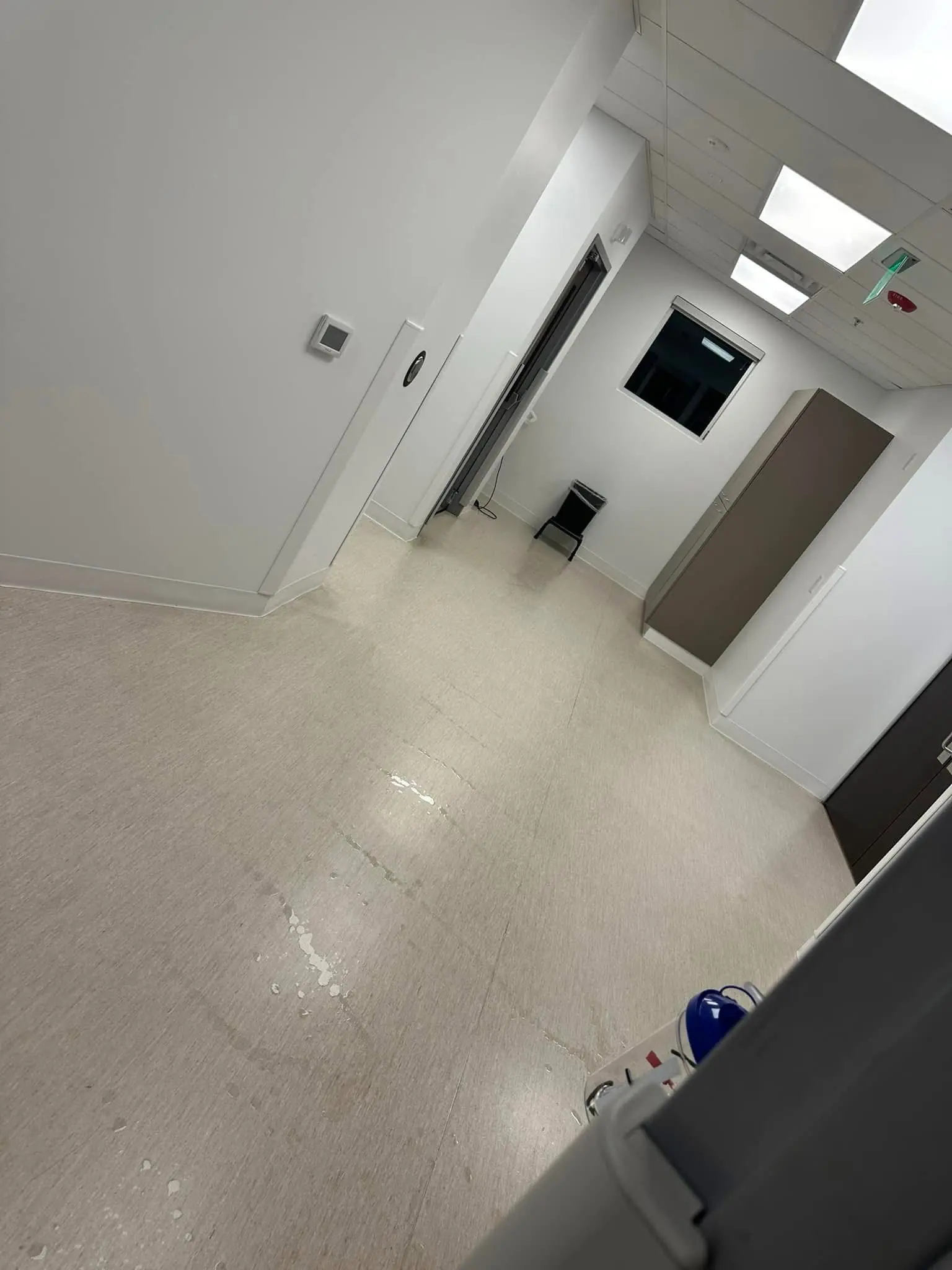 Commercial hallway with wet floor and mop bucket during office cleaning in a bright, modern space