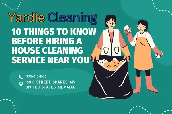 Yardie Cleaning graphic showing two cleaners with a trash bag and supplies and headline about hiring a house cleaning service