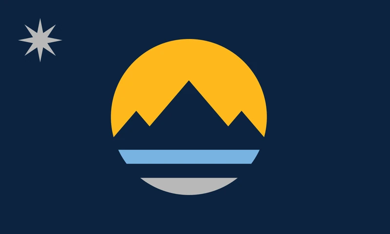 Stylized Reno flag logo with a yellow sun over blue mountain silhouette and a star on dark background, Reno service area